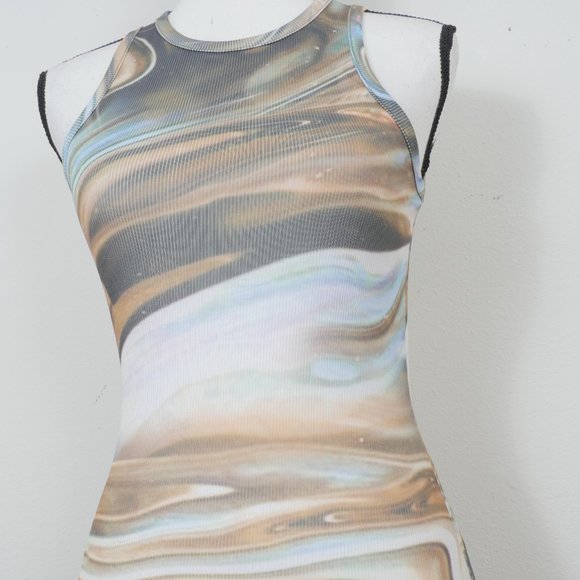 Pretty Little Thing Blue Brown Green Marble Design Size 4 Sleeveless Mini Dress - Picture 5 of 11